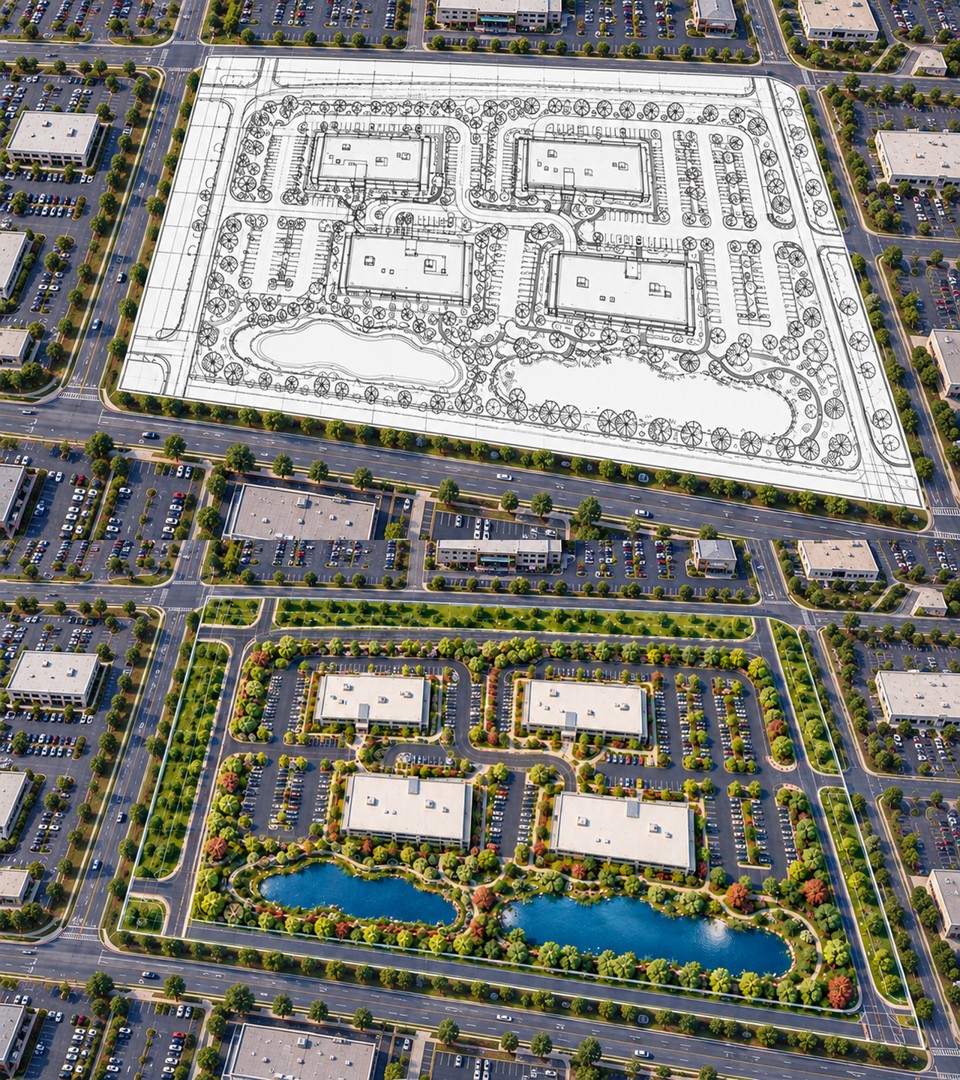 Illustrative comparison of a black-and-white site plan and a colored site-plan presentation